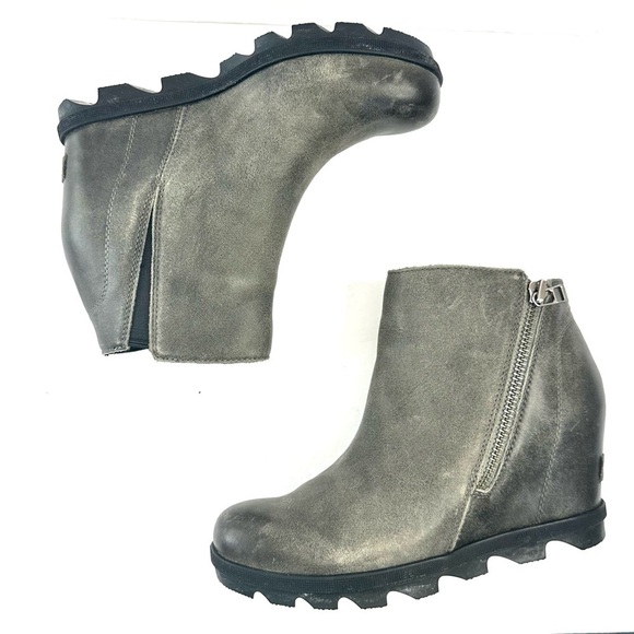 Sorel leather waterproof Joan of Arctic gray zip bootie ankle boot wedge 7.5 - Picture 2 of 13